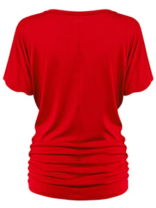 WT1037 Women's Solid Short Sleeve V Neck Dolman Top with Side Shirring