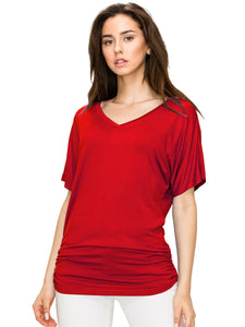 WT1037 Women's Solid Short Sleeve V Neck Dolman Top with Side Shirring