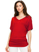 WT1037 Women's Solid Short Sleeve V Neck Dolman Top with Side Shirring
