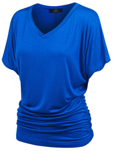 WT1037 Women's Solid Short Sleeve V Neck Dolman Top with Side Shirring