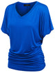 WT1037 Women's Solid Short Sleeve V Neck Dolman Top with Side Shirring