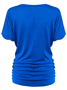 WT1037 Women's Solid Short Sleeve V Neck Dolman Top with Side Shirring