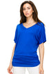WT1037 Women's Solid Short Sleeve V Neck Dolman Top with Side Shirring