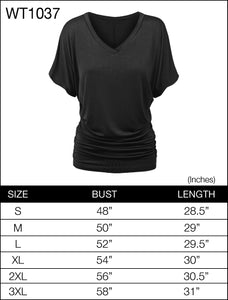 WT1037 Women's Solid Short Sleeve V Neck Dolman Top with Side Shirring