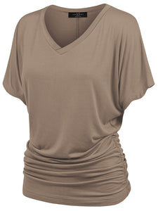 WT1037 Women's Solid Short Sleeve V Neck Dolman Top with Side Shirring