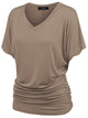 WT1037 Women's Solid Short Sleeve V Neck Dolman Top with Side Shirring
