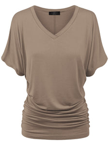 WT1037 Women's Solid Short Sleeve V Neck Dolman Top with Side Shirring