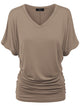 WT1037 Women's Solid Short Sleeve V Neck Dolman Top with Side Shirring