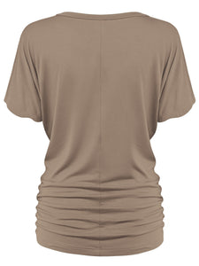 WT1037 Women's Solid Short Sleeve V Neck Dolman Top with Side Shirring