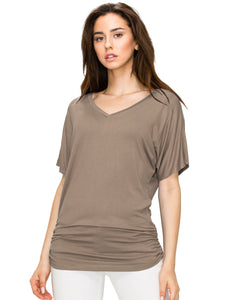 WT1037 Women's Solid Short Sleeve V Neck Dolman Top with Side Shirring