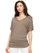 WT1037 Women's Solid Short Sleeve V Neck Dolman Top with Side Shirring