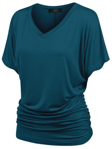 WT1037 Women's Solid Short Sleeve V Neck Dolman Top with Side Shirring