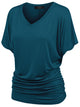 WT1037 Women's Solid Short Sleeve V Neck Dolman Top with Side Shirring