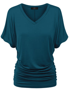 WT1037 Women's Solid Short Sleeve V Neck Dolman Top with Side Shirring