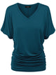 WT1037 Women's Solid Short Sleeve V Neck Dolman Top with Side Shirring