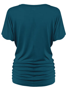 WT1037 Women's Solid Short Sleeve V Neck Dolman Top with Side Shirring