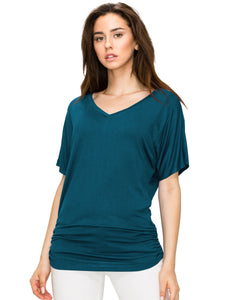 WT1037 Women's Solid Short Sleeve V Neck Dolman Top with Side Shirring