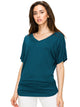 WT1037 Women's Solid Short Sleeve V Neck Dolman Top with Side Shirring