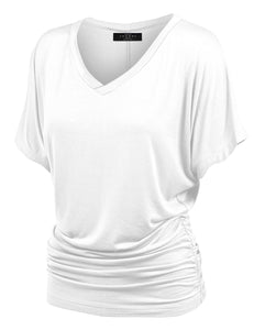 WT1037 Women's Solid Short Sleeve V Neck Dolman Top with Side Shirring