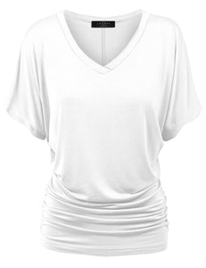 WT1037 Women's Solid Short Sleeve V Neck Dolman Top with Side Shirring