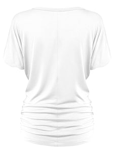 WT1037 Women's Solid Short Sleeve V Neck Dolman Top with Side Shirring