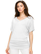 WT1037 Women's Solid Short Sleeve V Neck Dolman Top with Side Shirring