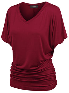 WT1037 Women's Solid Short Sleeve V Neck Dolman Top with Side Shirring