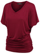 WT1037 Women's Solid Short Sleeve V Neck Dolman Top with Side Shirring