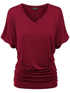 WT1037 Women's Solid Short Sleeve V Neck Dolman Top with Side Shirring