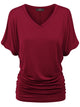 WT1037 Women's Solid Short Sleeve V Neck Dolman Top with Side Shirring