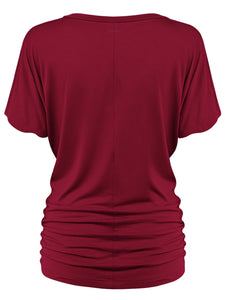 WT1037 Women's Solid Short Sleeve V Neck Dolman Top with Side Shirring