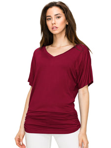 WT1037 Women's Solid Short Sleeve V Neck Dolman Top with Side Shirring