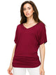 WT1037 Women's Solid Short Sleeve V Neck Dolman Top with Side Shirring