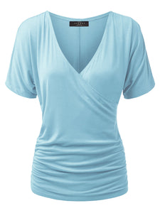 WT1118 Womens V Neck Short Sleeve Wrap Front Drape Dolman Top