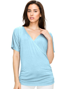 WT1118 Womens V Neck Short Sleeve Wrap Front Drape Dolman Top
