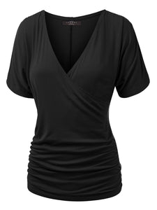 WT1118 Womens V Neck Short Sleeve Wrap Front Drape Dolman Top