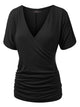 WT1118 Womens V Neck Short Sleeve Wrap Front Drape Dolman Top