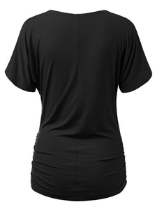WT1118 Womens V Neck Short Sleeve Wrap Front Drape Dolman Top