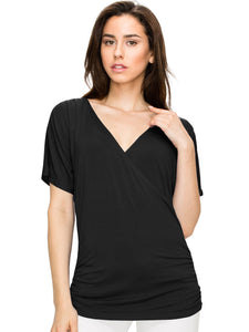 WT1118 Womens V Neck Short Sleeve Wrap Front Drape Dolman Top