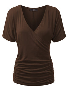 WT1118 Womens V Neck Short Sleeve Wrap Front Drape Dolman Top