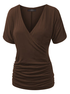 WT1118 Womens V Neck Short Sleeve Wrap Front Drape Dolman Top