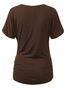 WT1118 Womens V Neck Short Sleeve Wrap Front Drape Dolman Top