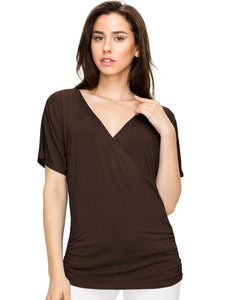 WT1118 Womens V Neck Short Sleeve Wrap Front Drape Dolman Top