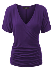 WT1118 Womens V Neck Short Sleeve Wrap Front Drape Dolman Top