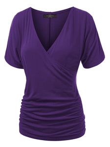 WT1118 Womens V Neck Short Sleeve Wrap Front Drape Dolman Top
