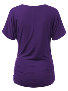 WT1118 Womens V Neck Short Sleeve Wrap Front Drape Dolman Top