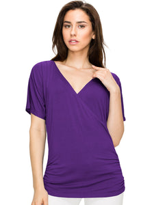 WT1118 Womens V Neck Short Sleeve Wrap Front Drape Dolman Top