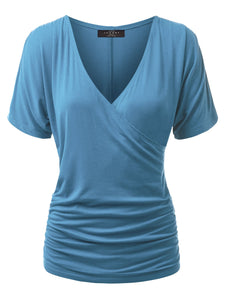 WT1118 Womens V Neck Short Sleeve Wrap Front Drape Dolman Top