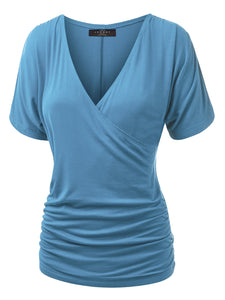 WT1118 Womens V Neck Short Sleeve Wrap Front Drape Dolman Top
