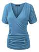 WT1118 Womens V Neck Short Sleeve Wrap Front Drape Dolman Top